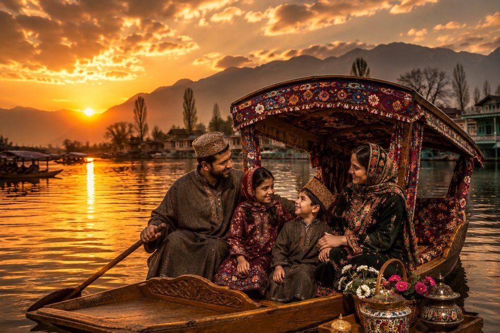 Family in Shikara on Dal Lake